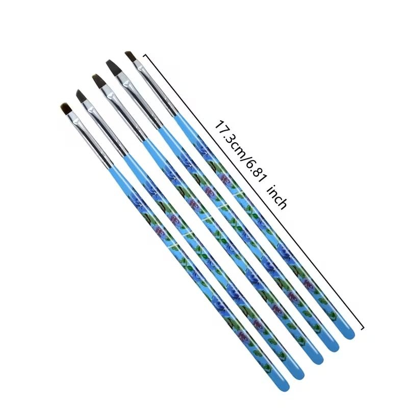 5Pcs UV Gel Nail Brush Set, Floral Handle Flat & Angled Nail Art Brushes, Blue