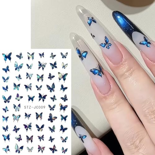 Butterfly Nail Art Stickers, Blue Purple Pink, 6 Sheets with Nail Tweezers,