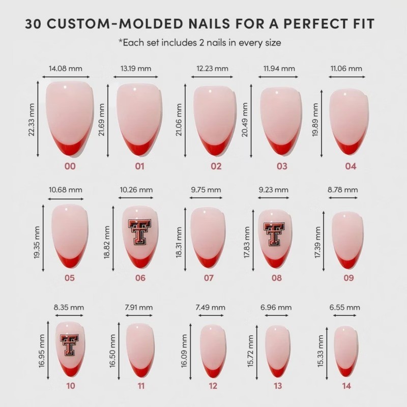 Texas Tech Red Raiders Press-On Nails: Almond Shape, 30 Pieces, Gloss Finish
