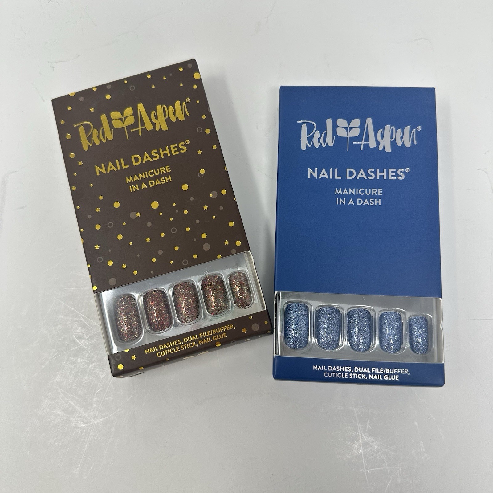 x2 Red Aspen – Nail Dashes Press-On Nails, Glitter Blue & Cinnamon + Cloves