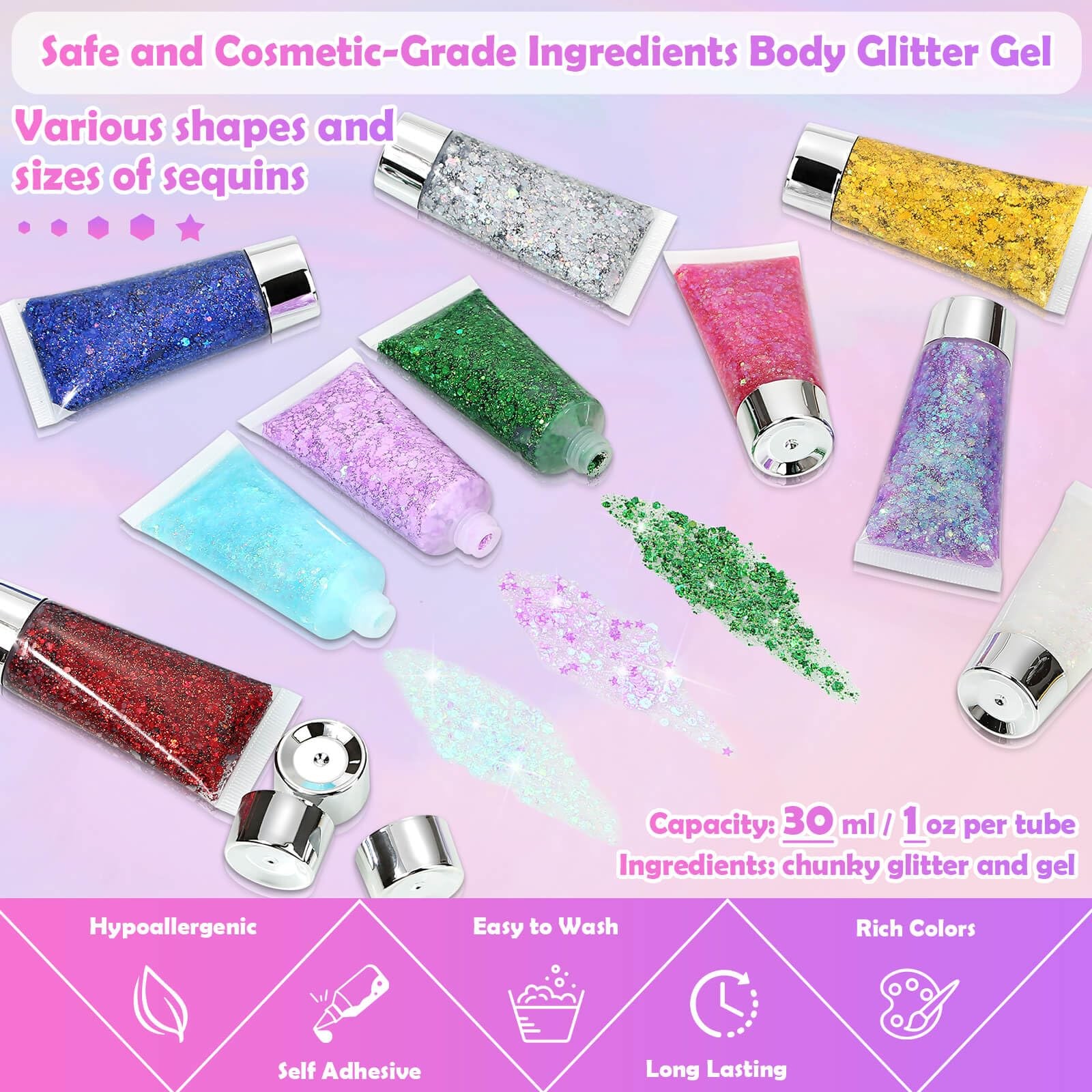 10 Colors Body Glitter for Skin and Hair, Makeup Sparkles Rave for Festival O…