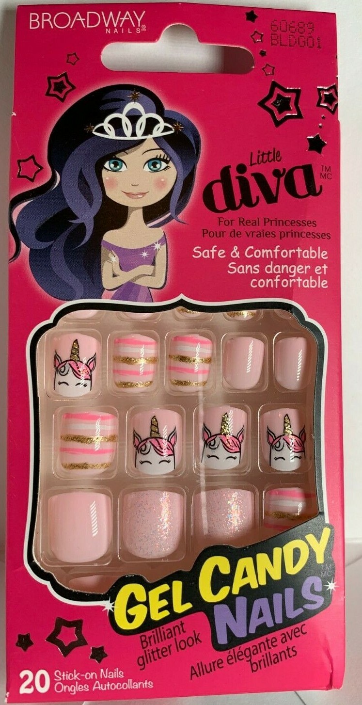 Little Diva by Broadway Girl’s Press-On Manicure Pink Unicorn stripe glitter