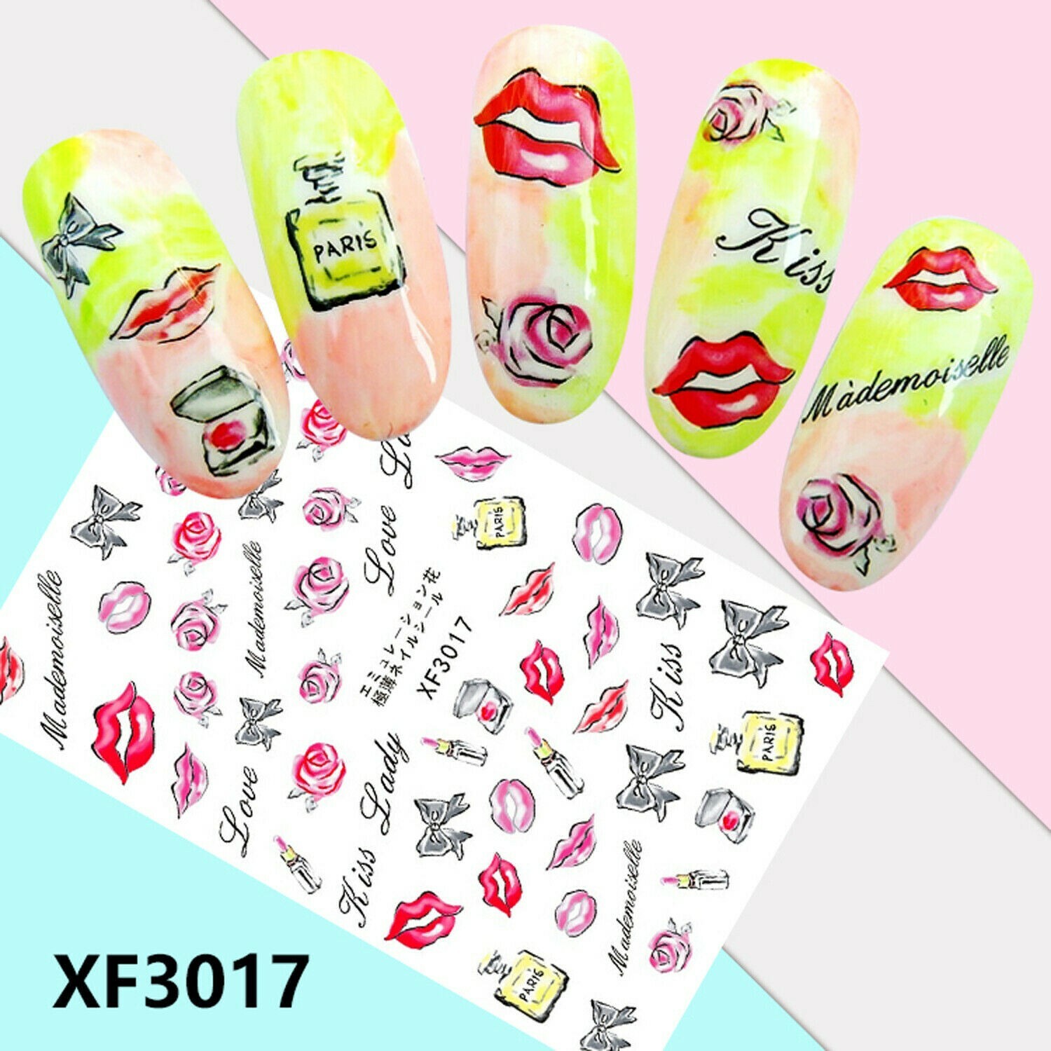 Nail Art 3D Decal Stickers lips red rose bow kiss love lady lipstick XF3017 NS34