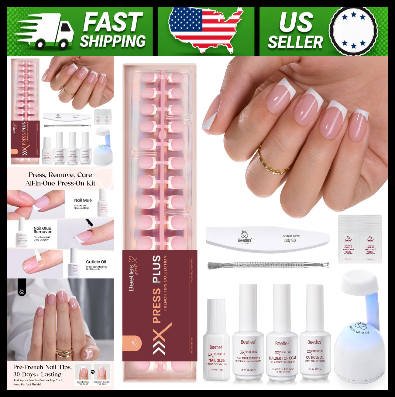 Beetles French Tip Press On Nail Kit Short Square 150 Pcs Pink