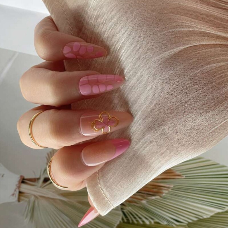 24 Pieces Medium Length Press On Nail with 3D Flower Artistic Designs False Nail