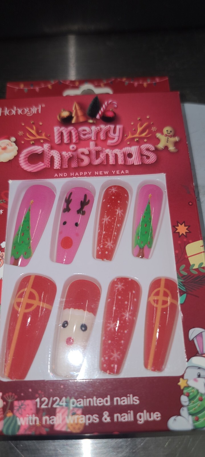 Christmas Press on Nails Medium Coffin Fake Nails with Christmas Tree Design Gli
