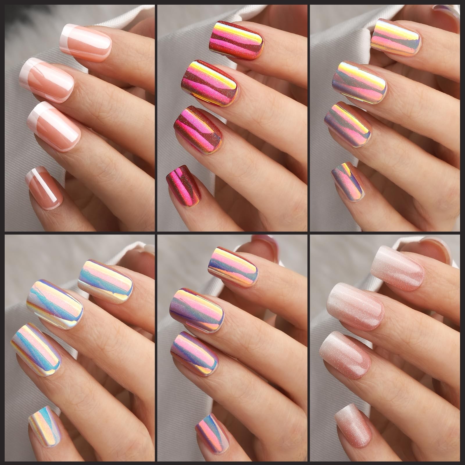 FANDAMEI Press on Nails, 6 Colors Chrome Nails Short, Cat Multicolor