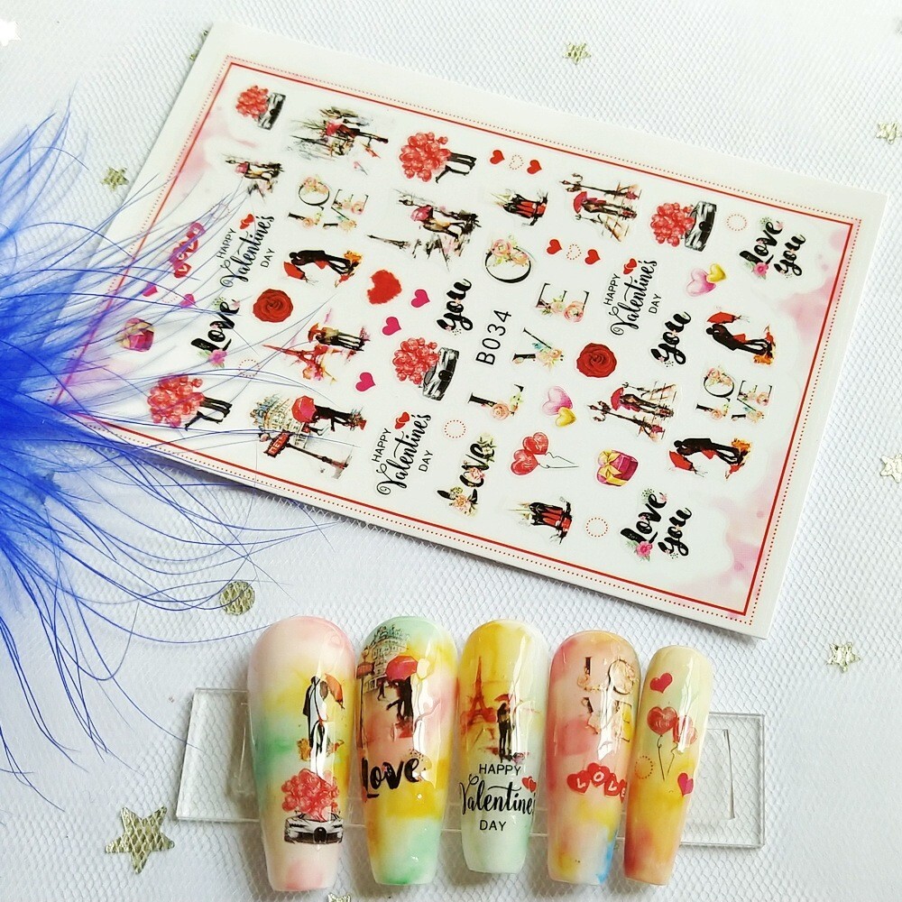 12 Sheets Valentines Nail Decoration Heart Love Self-Adhesive Slider Letters NH4