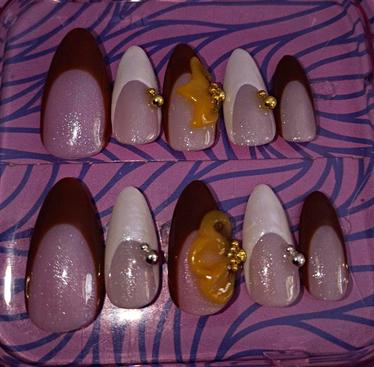 Presson Acrylic Nails With Frenchtips, 3D flowers, and gold/silver accents