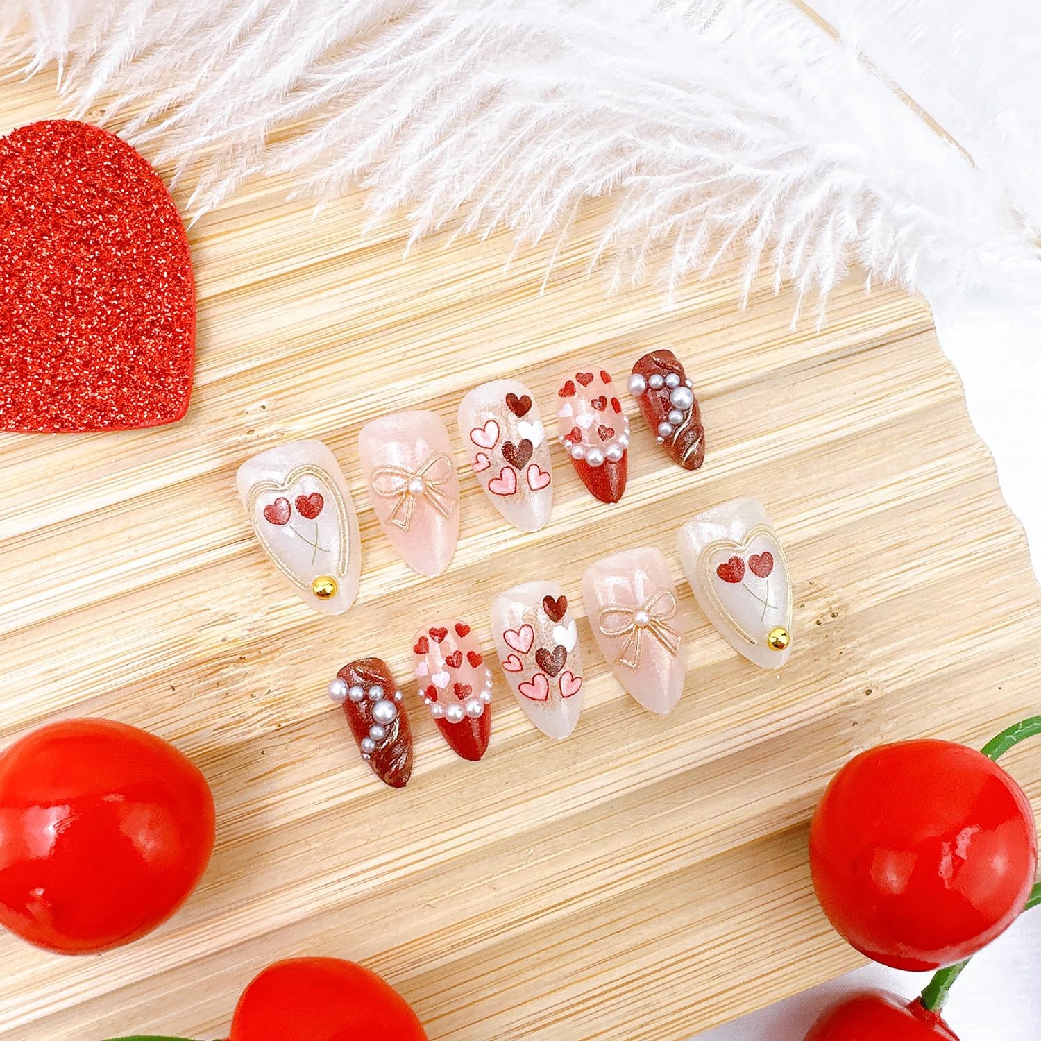 30Pcs Valentines Press on Nails Short Almond Red French Tip Fake Nails with P…