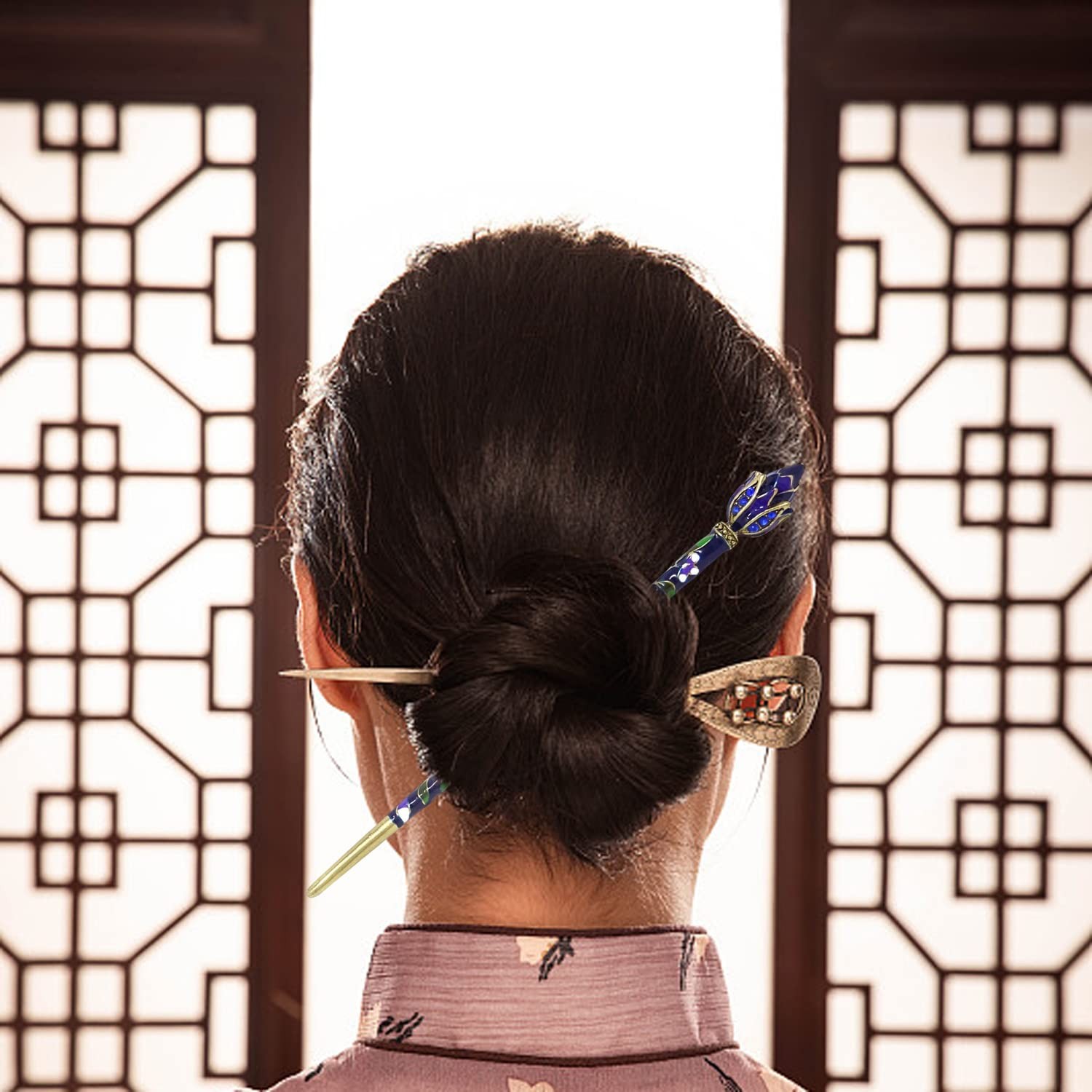 Honbay Cloisonn Vintage Hair Stick With Lotus 1 Count (Pack of 1), Blue