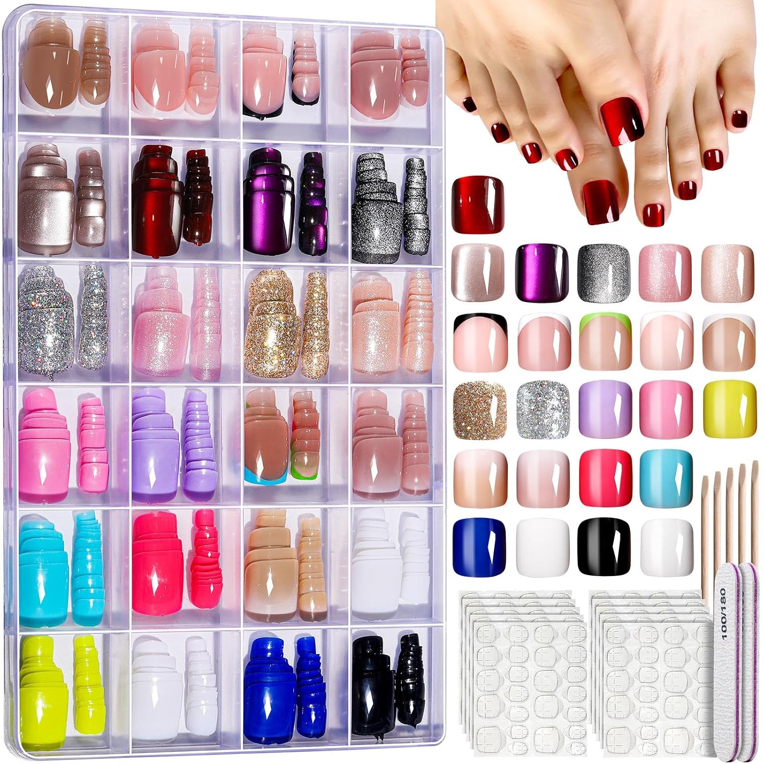 FANDAMEI 24-Color Press On Toenails: French Tip, Cat Eye, Ombre, Glitter