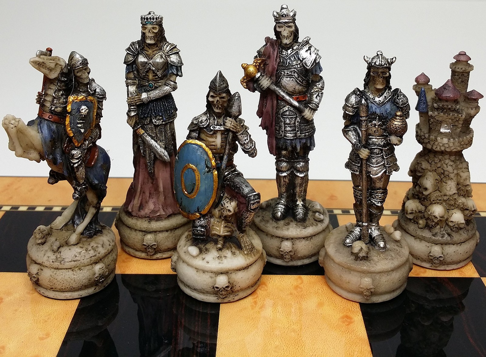 Skeleton Slayer Gothic Skull Chess Set W/High Gloss Dark Walnut & Birdseye…