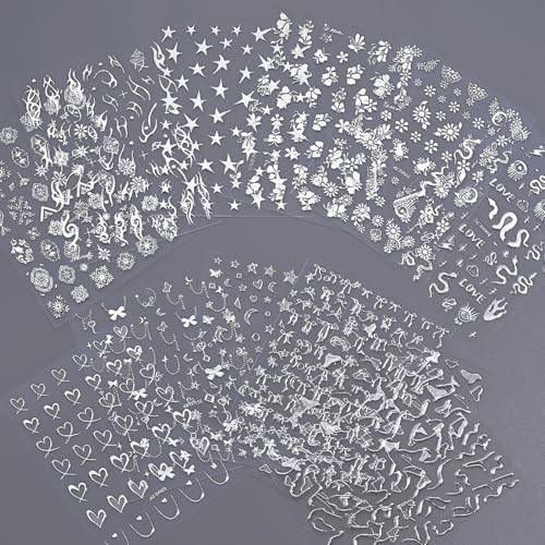 12 Sheets Silver Nail Art Stickers, 3D Self-Adhesive Bronzing Sun Moon Style25