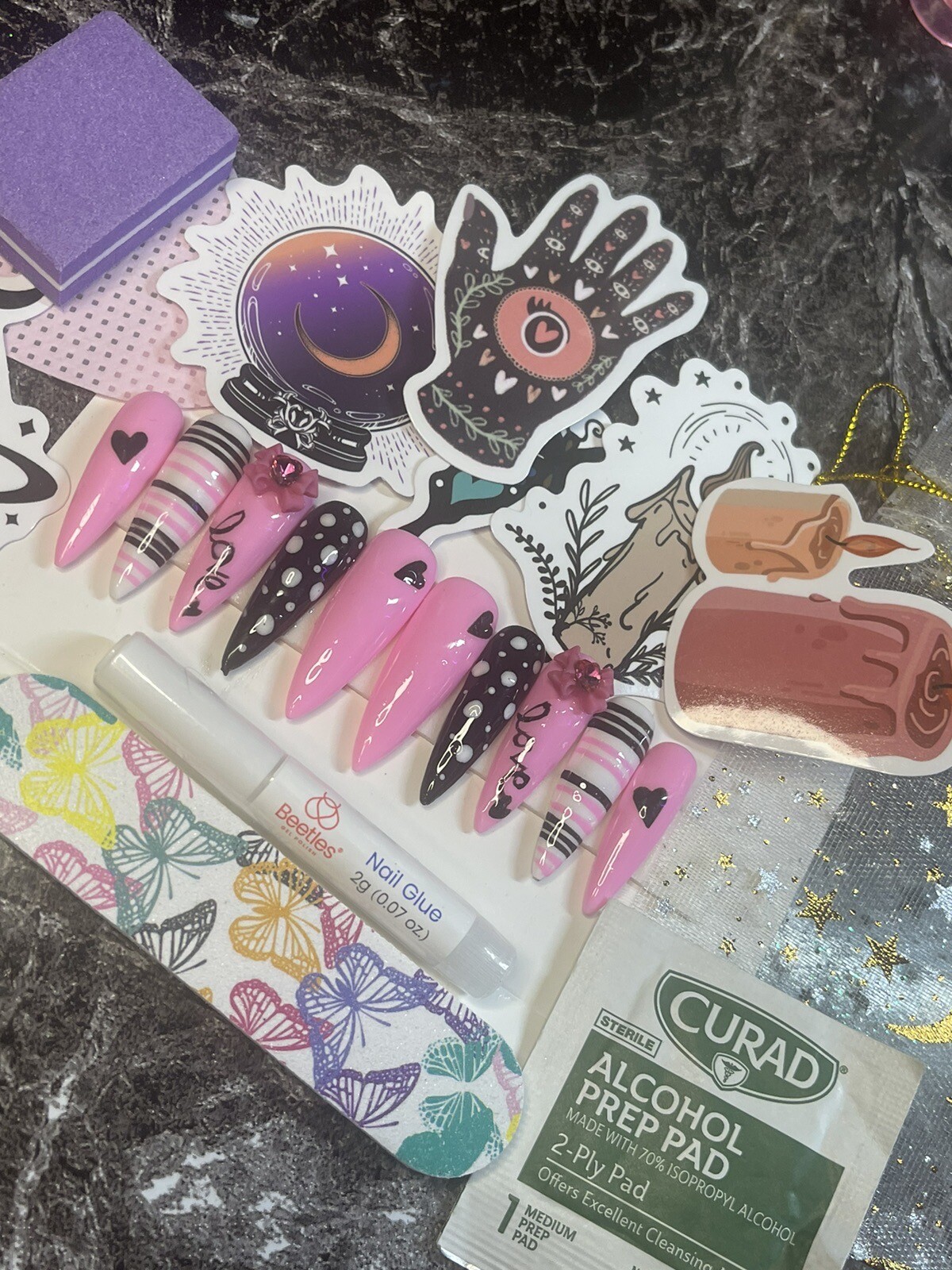 Pink And BlackValentine’s Handpainted Presson Nails. Prep Kit Included