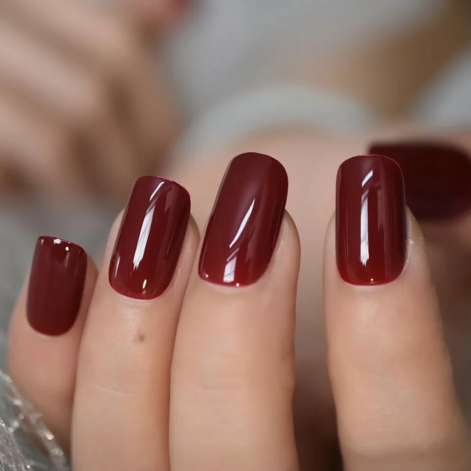 24 Square Cherry Glaze Press on nails kit Glue Dark red burgundy maroon