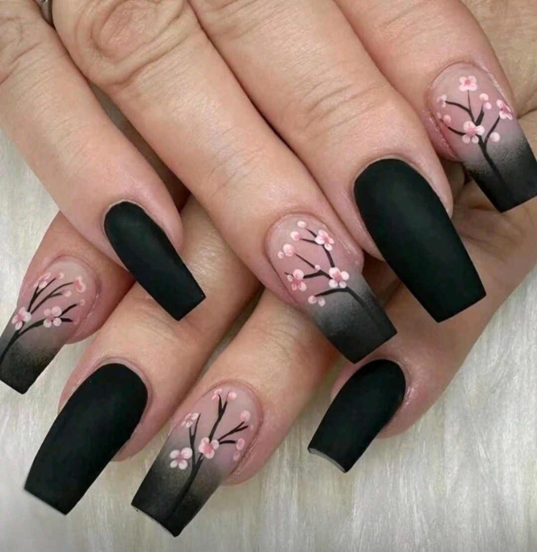 Press-On Nails Cherry Blossom Black Pink Ombre Medium/Long Coffin Matte Finish