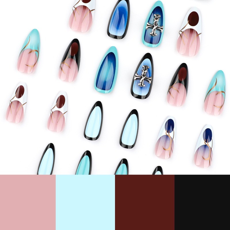 48pcs-Press on Nails Blue Ombre Cross Metal Decor Almond Glossy Nail Art Set