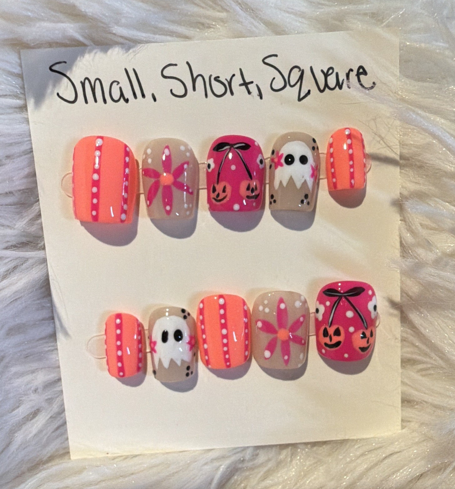Short Square Press-On Nails Glossy Pink Halloween Ghost Pumpkin summerween