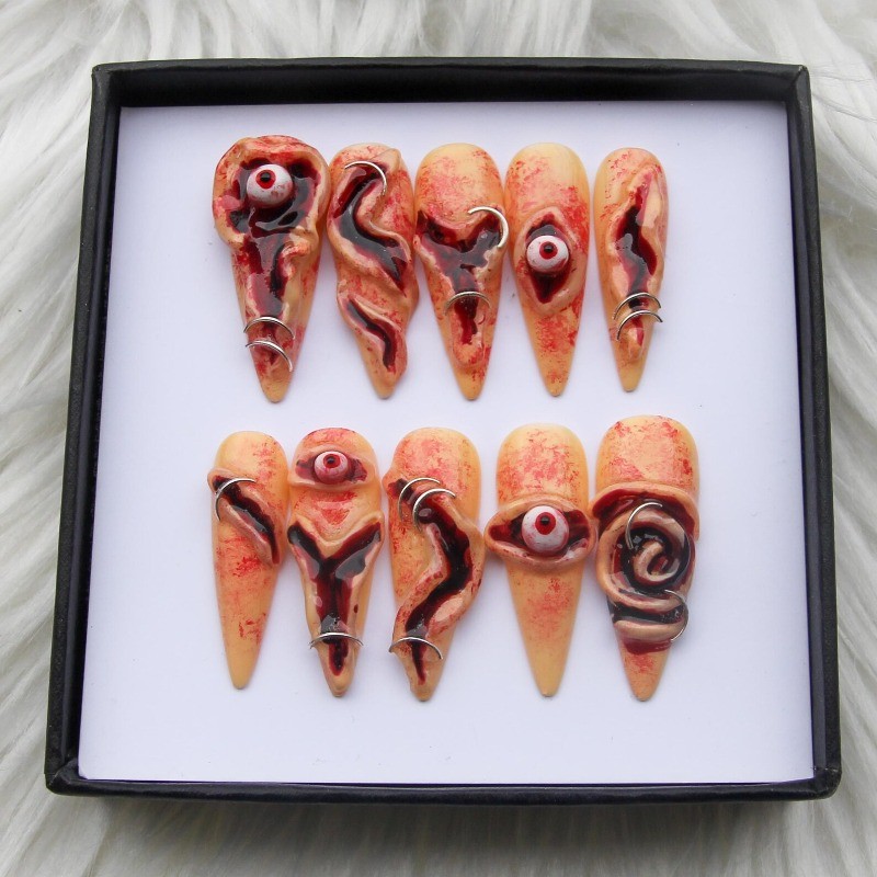 Flesh Wound Handmade Press on Nails Eyeball Piercing Scary Halloween Fake Nails
