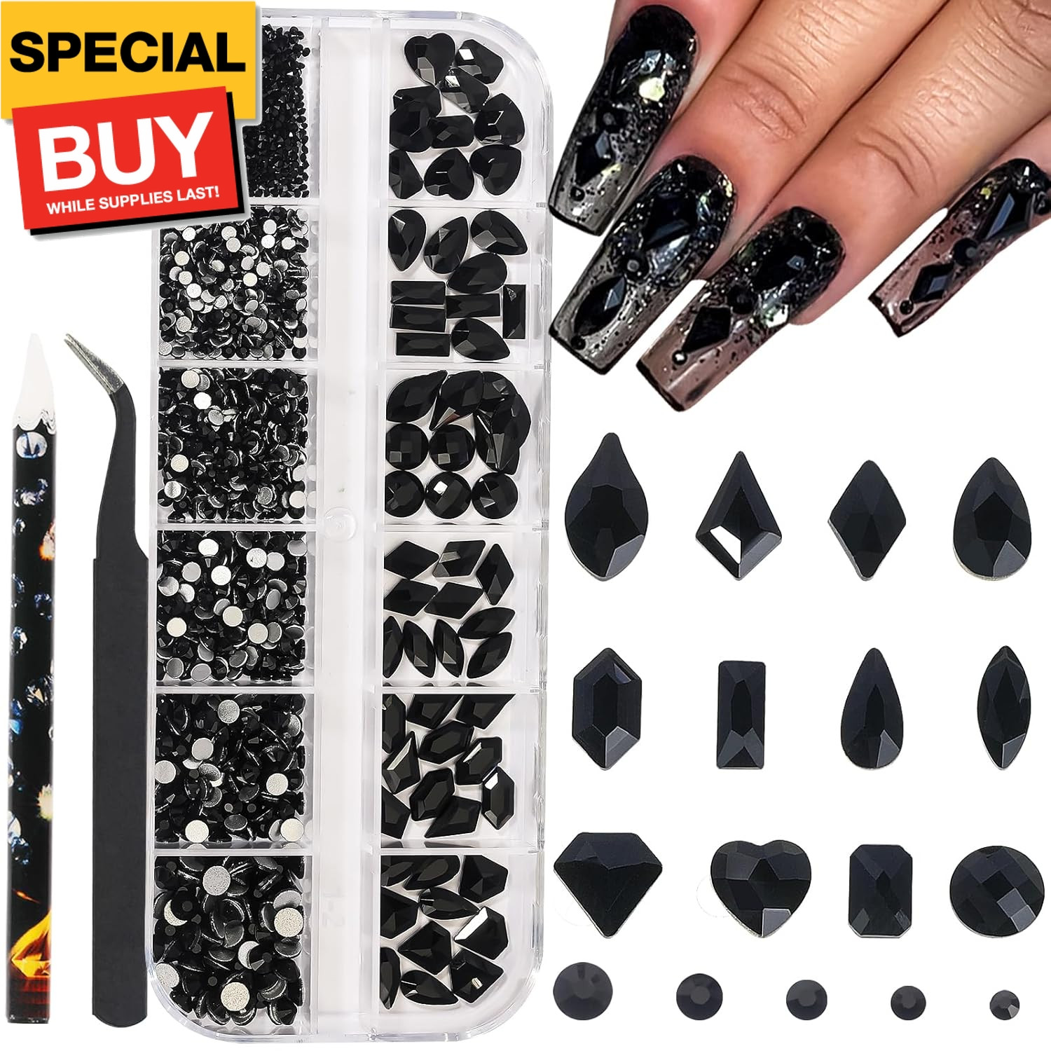 Black Nail Rhinestones Kit Flatback Crystal Black Glass Gems Stones 1450Pcs Nail