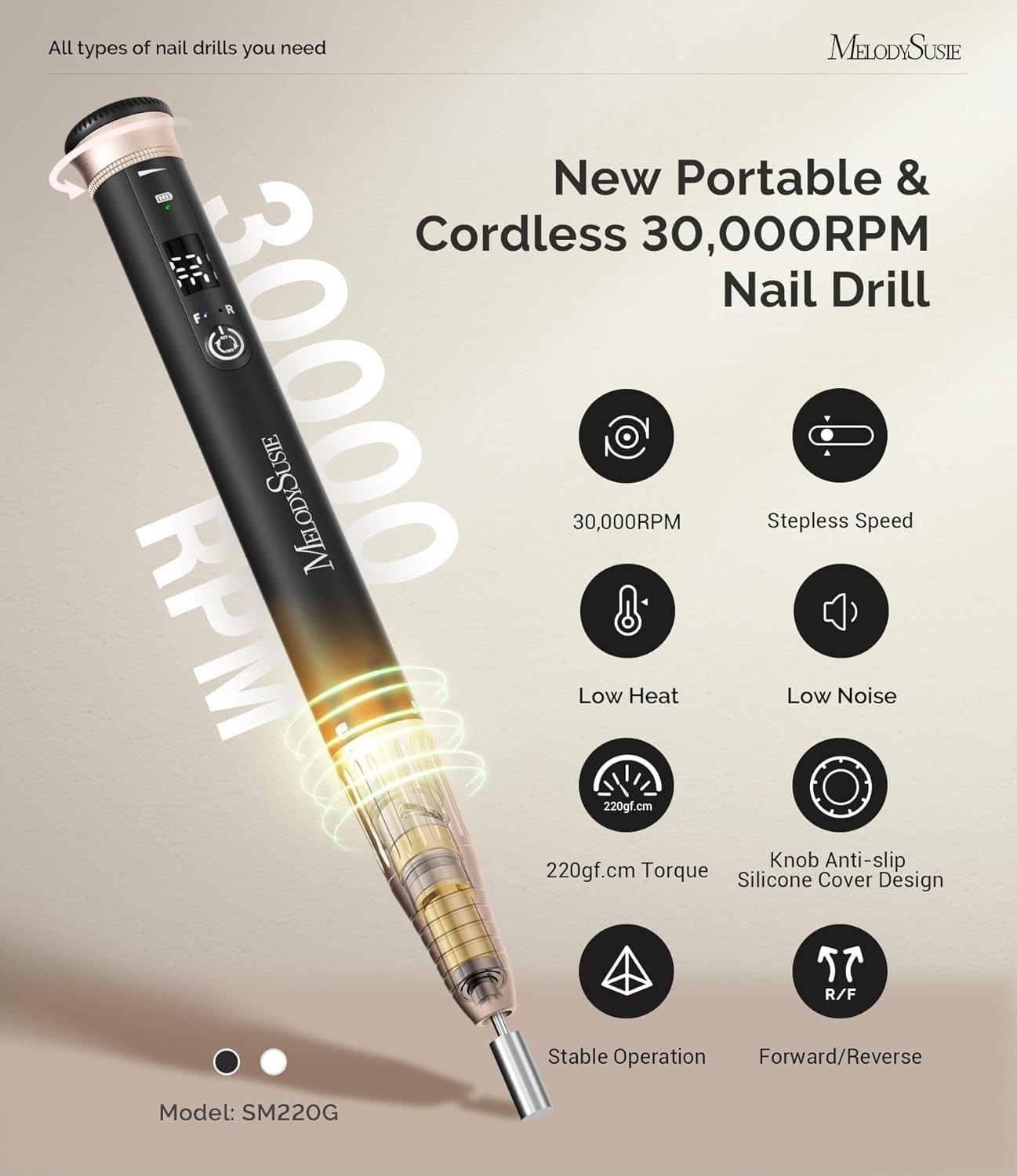 MelodySusie Portable Electric Nail Drill 30,000RPM, SM220G Cordless Electric