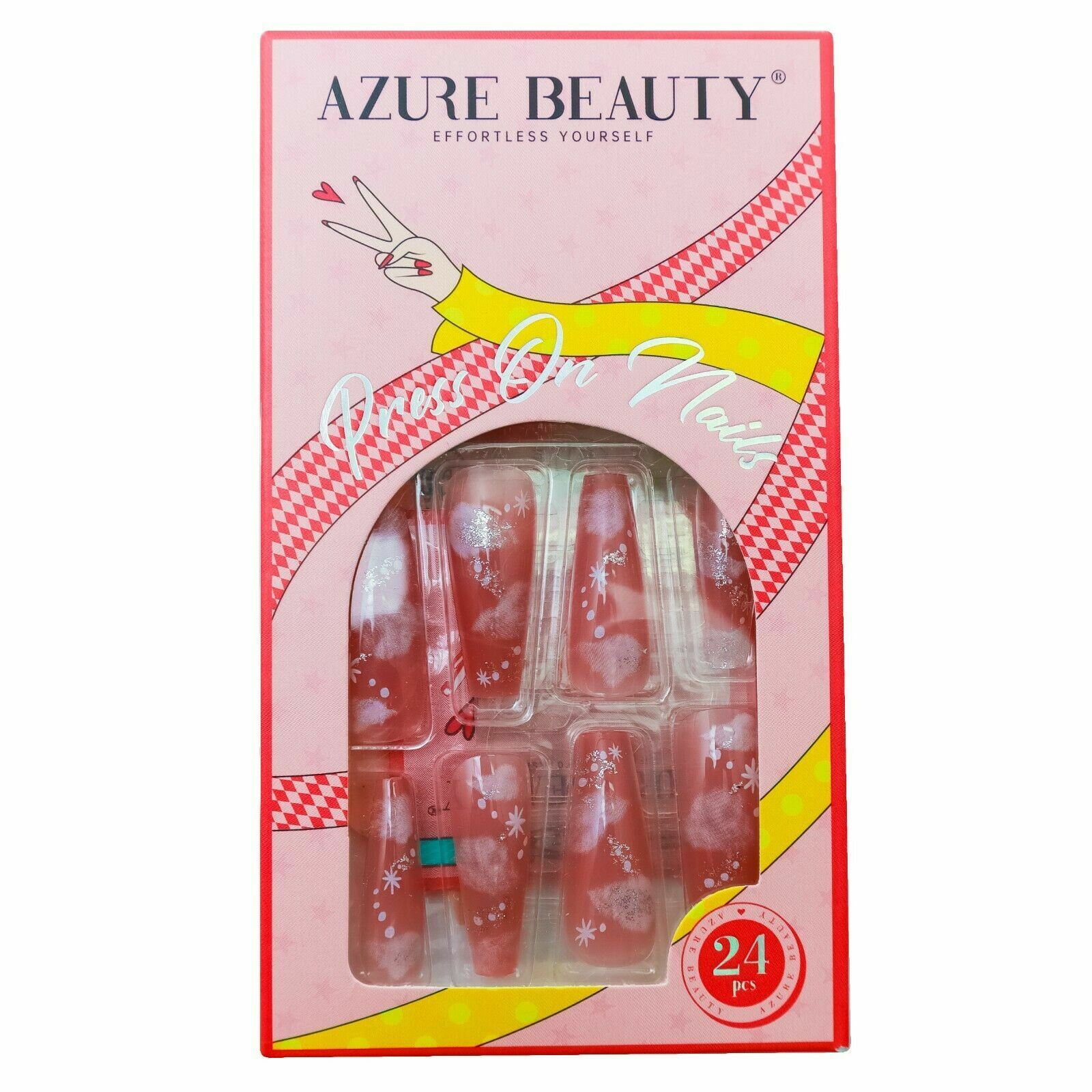 Azure Beauty 24 Piece Adhesive ABS Plastic Press On Nails Pink Clouds Stars