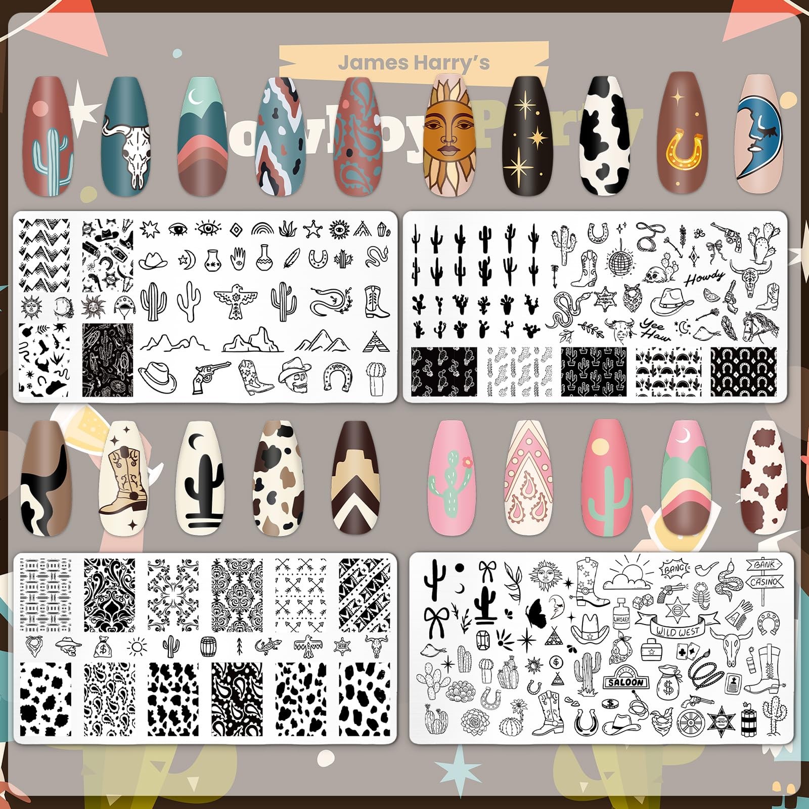 Western Nail Plates Stamping Set Cowboy Cowgirl Template for DIY Print Manicure