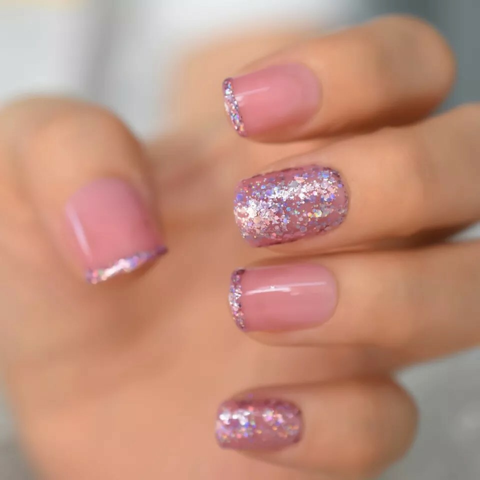 Clear Purple Pink Glitter design Press on Nails w/ glue short rose gold sparkle