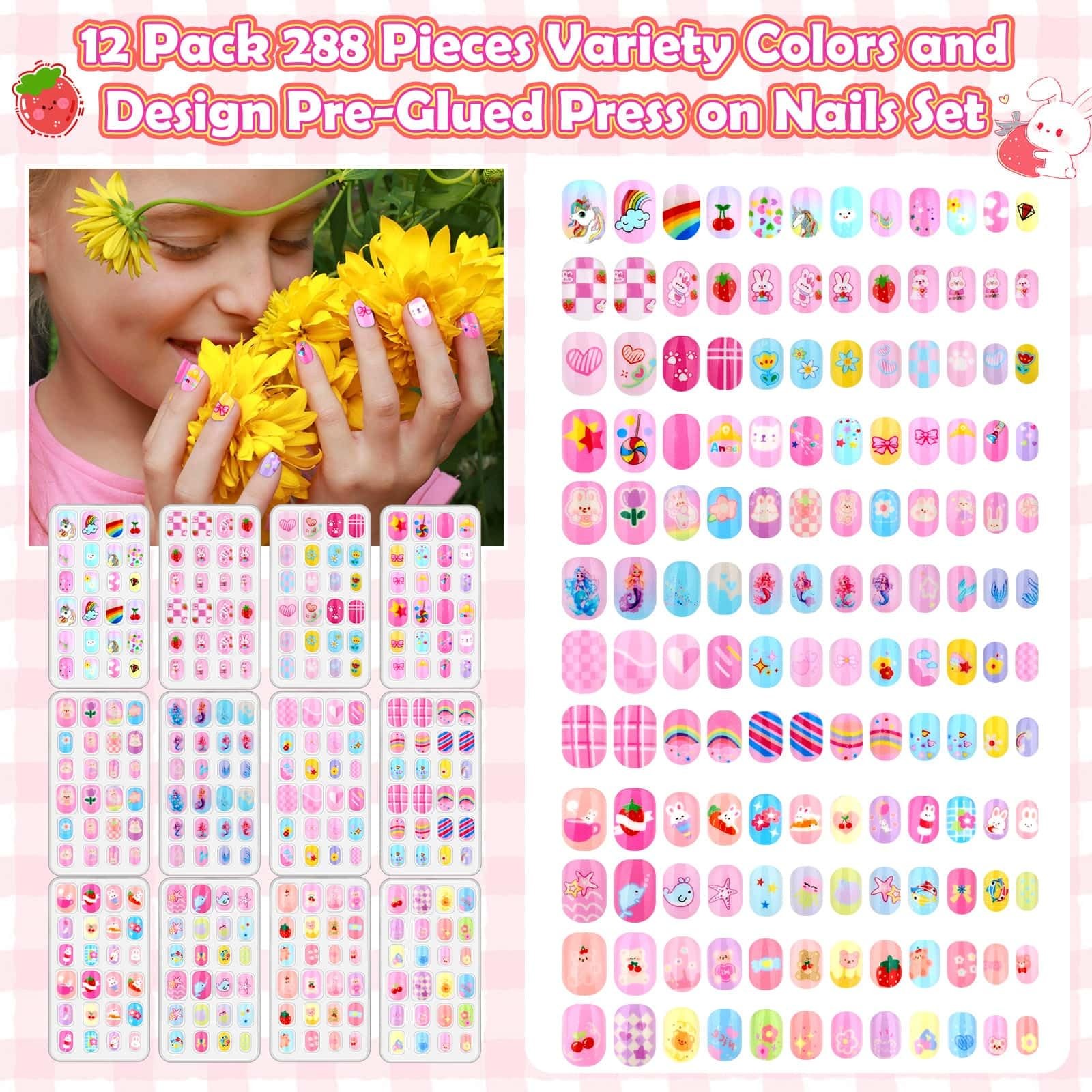 288 Pieces Kids Nails Press ons for Girls, Fake Nail Set Pre Glue Stick on Sh…