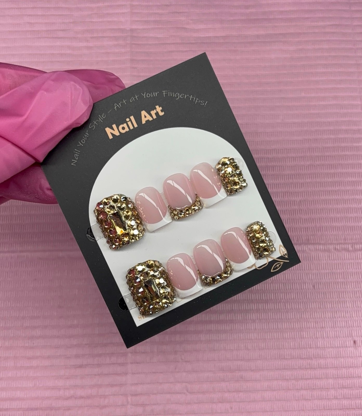 Extra Short square press on nails gold rhinestones white