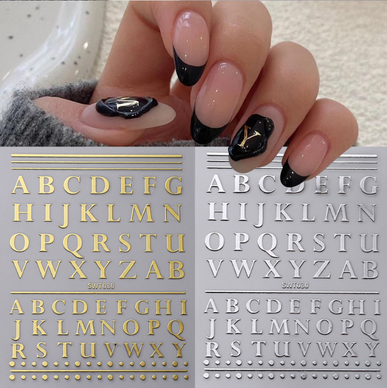 2 Sheets English Letter Number Nail Art Sticker Silver Gold Art Roman Decal NS20