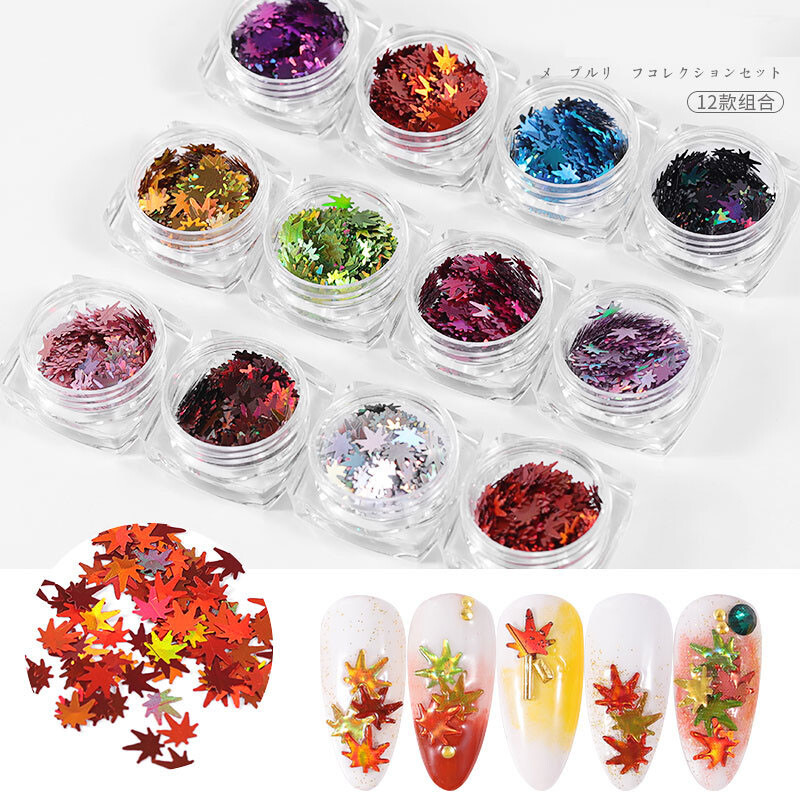 12 Box /Set Christmas Decor Flakes Maple Leaf Nails Art Sequins Glitters Slices