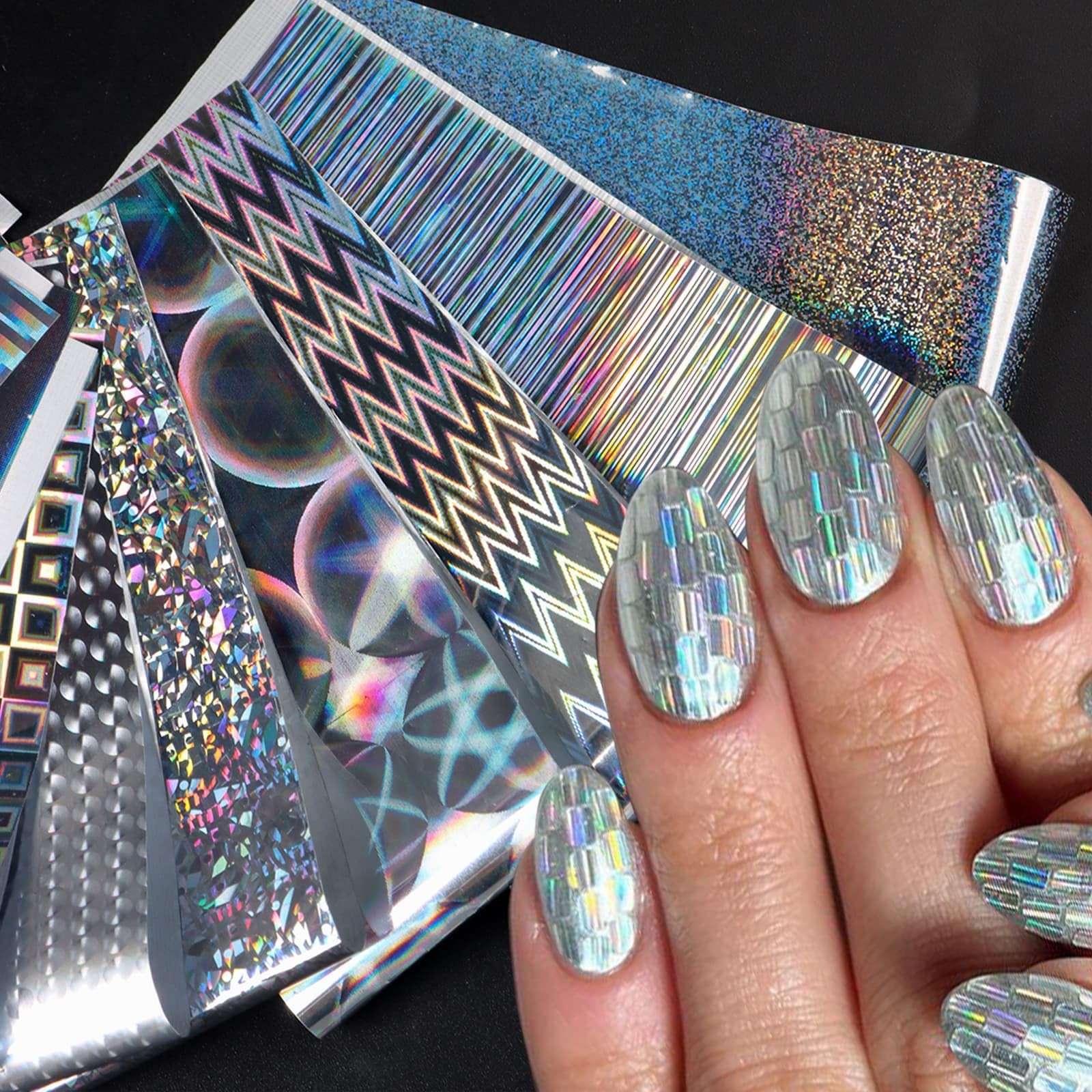10 Sheets Holographic Nail Art Foil Transfer Stickers, Iridescent Laser Nail …