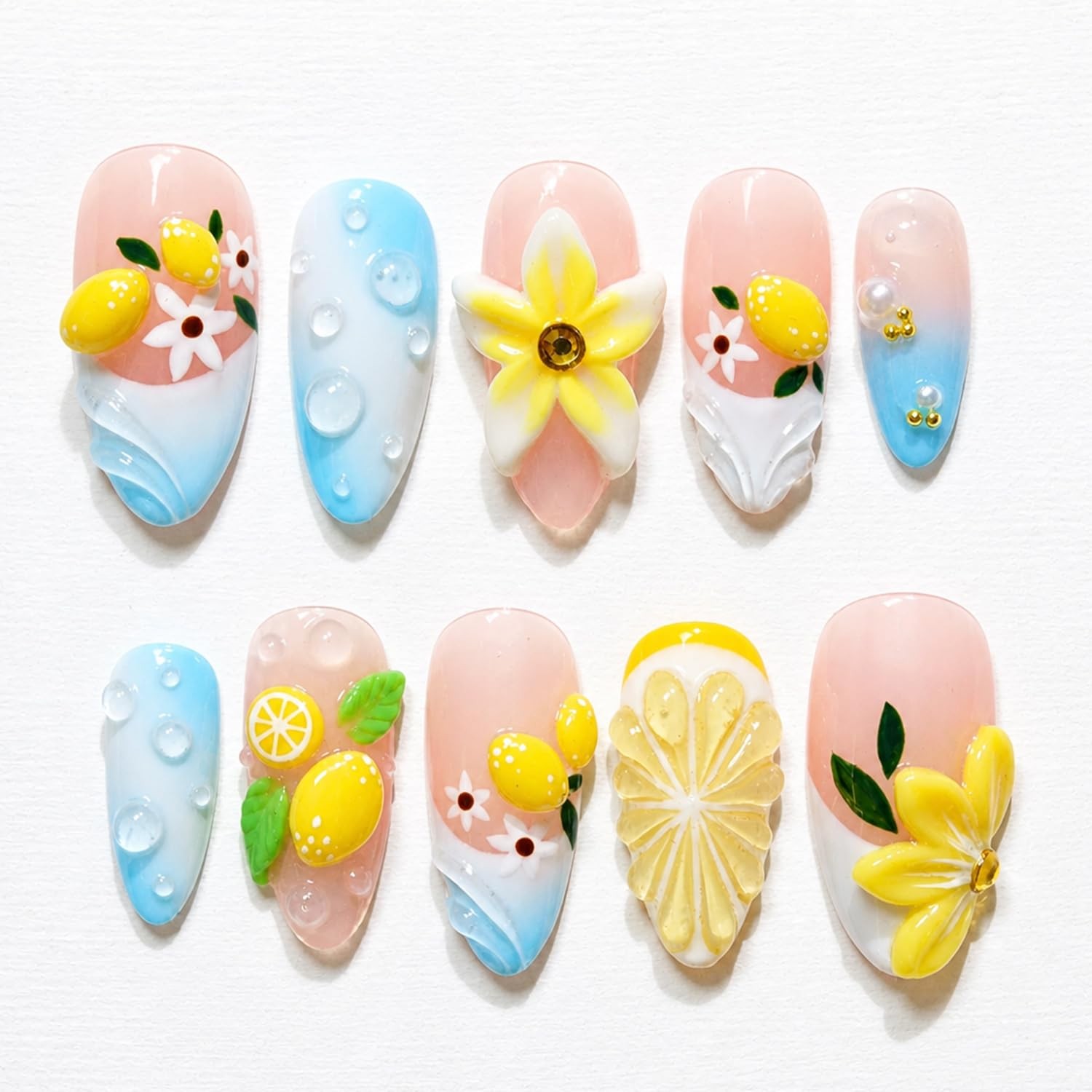 BUNLVDI Lemon Flower Nails Medium Almond 30Pcs