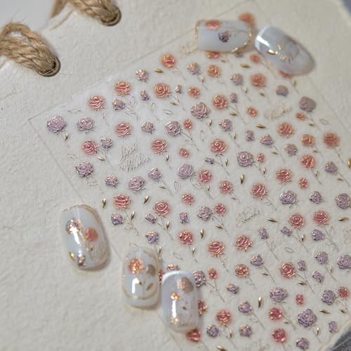 Flower Nail Stickers Rose Nail Art Decals with Gold Design 5D Embossed Color03
