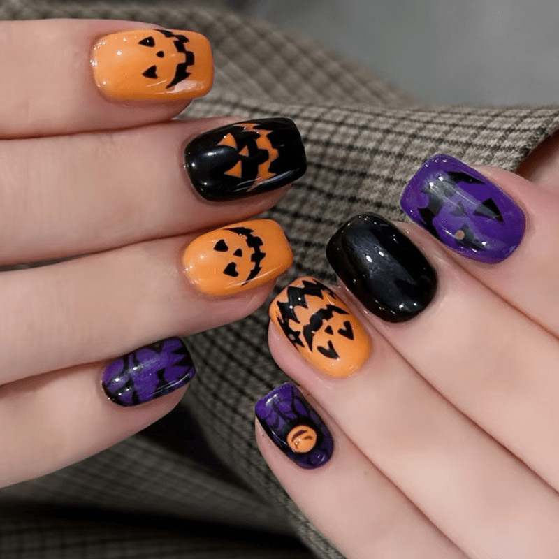 48Pcs-Medium Square Black Orange Purple Halloween Pumpkin Bat Web Press on Nails