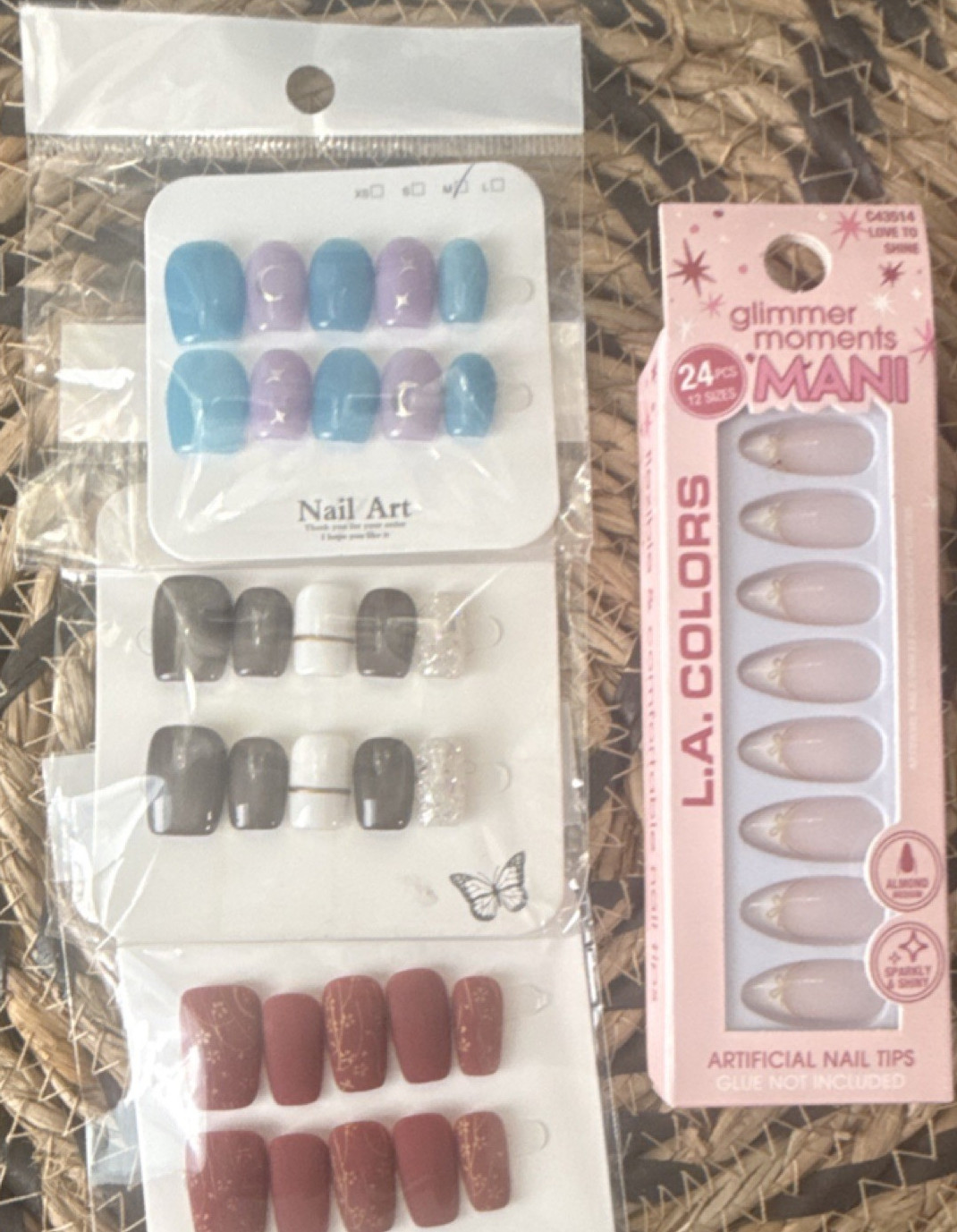 L.A. Colors Press-On Nails Set 24pcs Blue Purple Red Almond Square Glitter