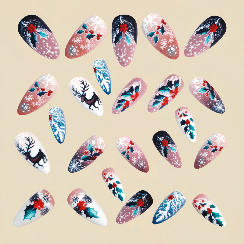 48P Stiletto Press on Nails, Reindeer Holly Snowflake Winter Xmas Fake Nails