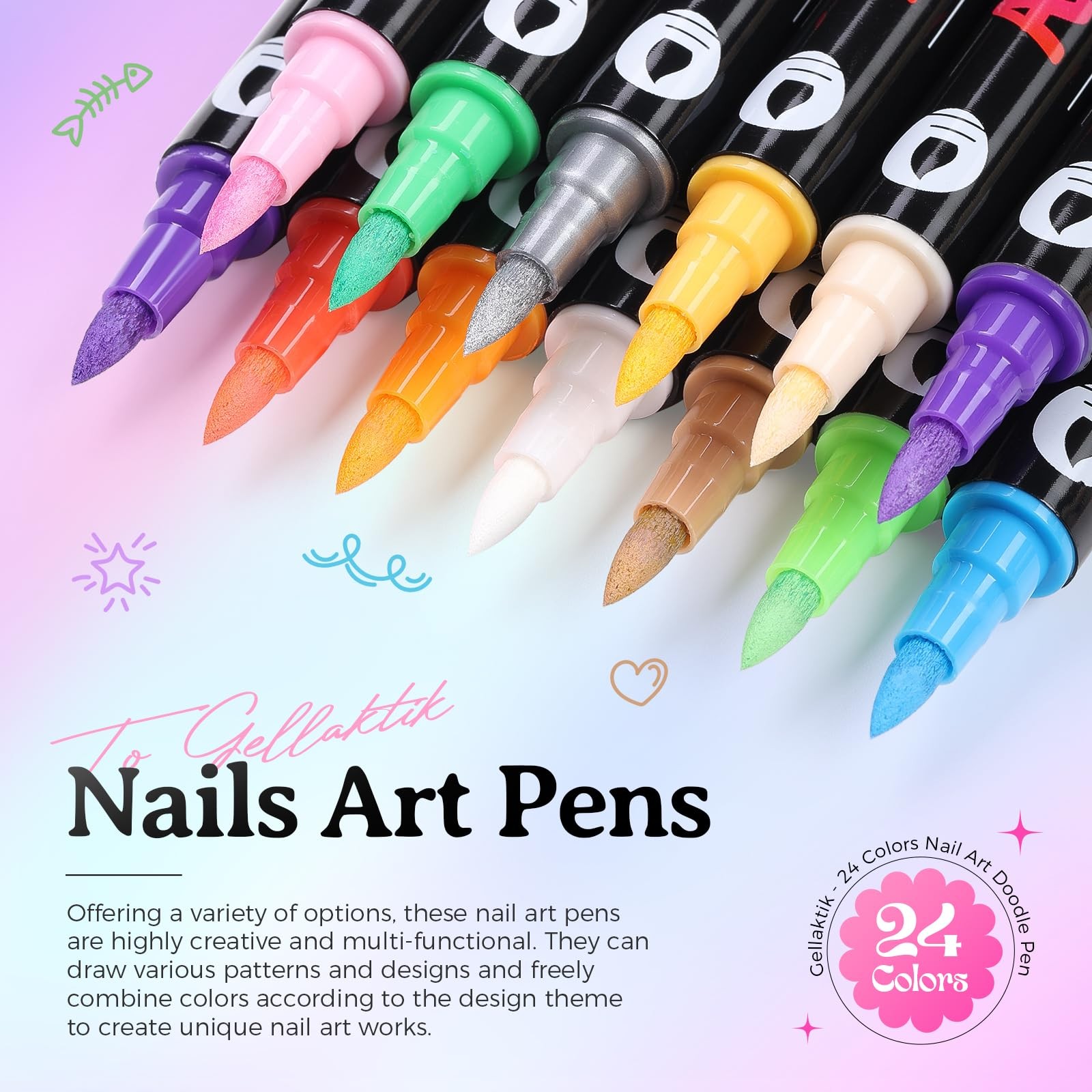 24 Colors Nail Art Pens Set Dual Tip 0.7mm Marker Non Toxic Quick Dry