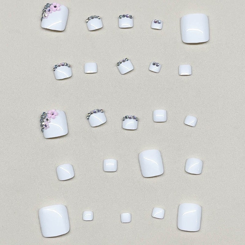 48Pcs-Lilac Solid 3D Pink Flower Rhinestone Cute Square Summer Toe Press on Nail