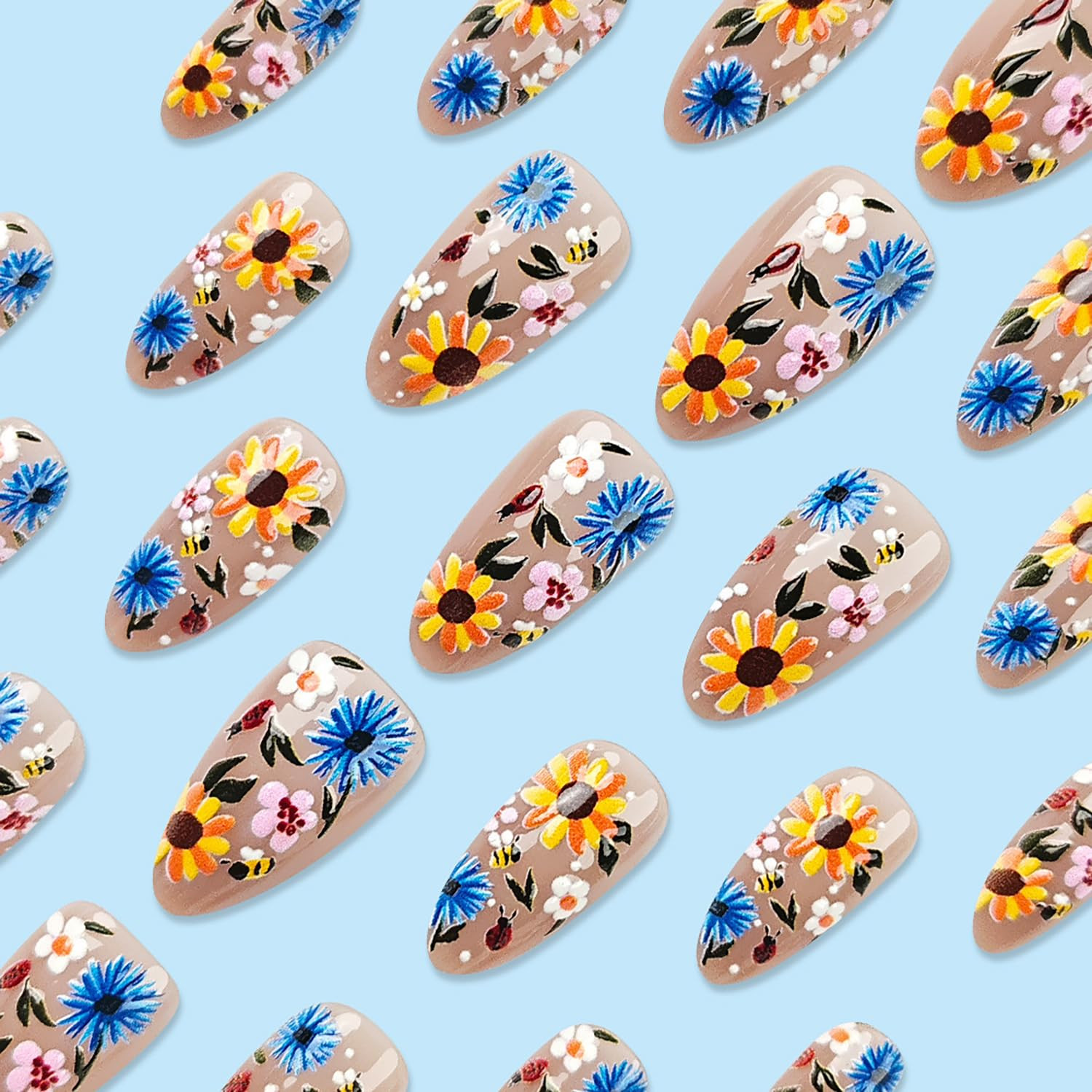 Flower Press on Nails Almond Medium Spring False Nails 3D Florals Design Full Co