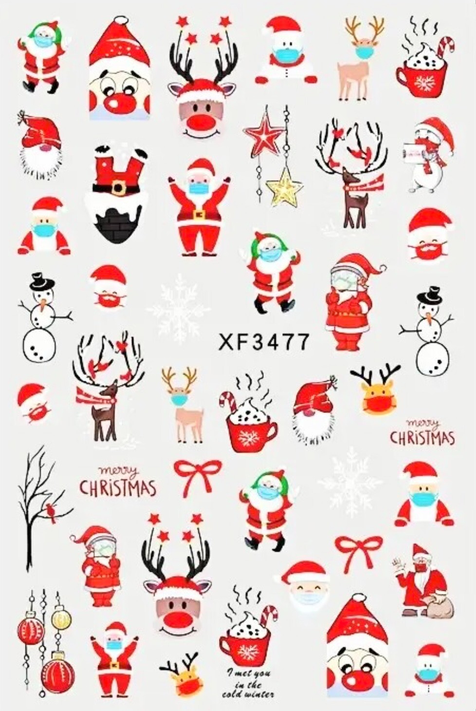Nail Art Sticker Christmas Santa Snowman Reindeer Ornaments Xmas Tree Decals3477