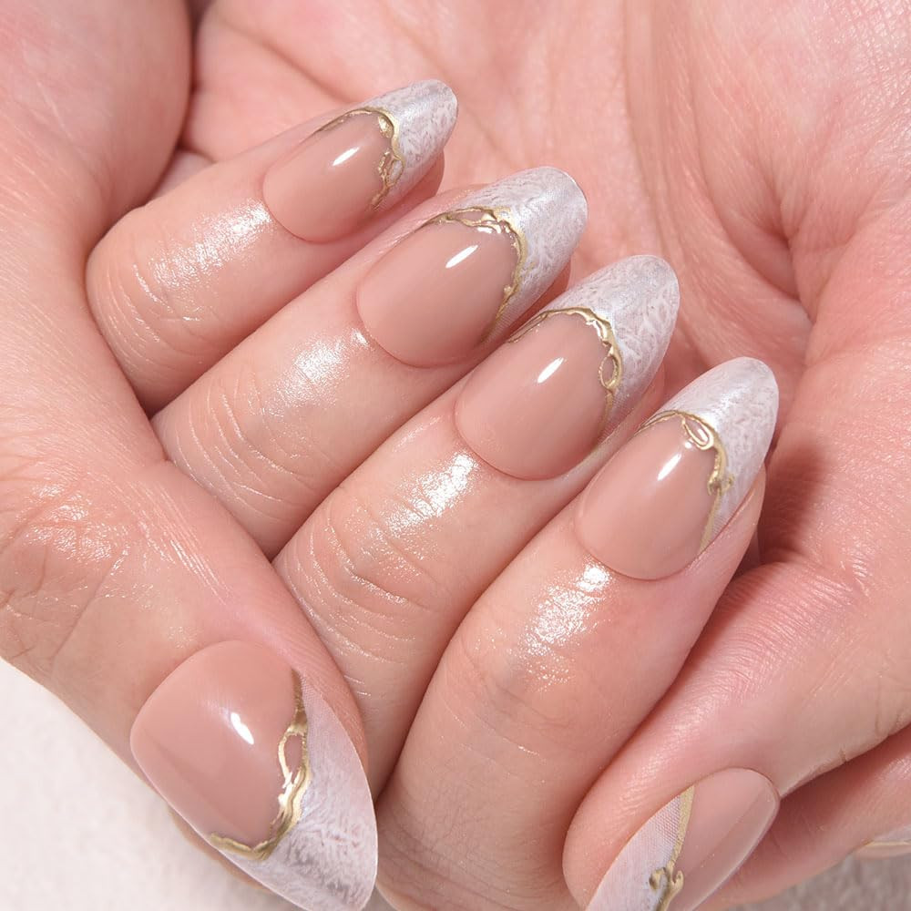 French Tip Press on Nails Short Almond No Glue, Nude Gold Line & Pearl White Tip