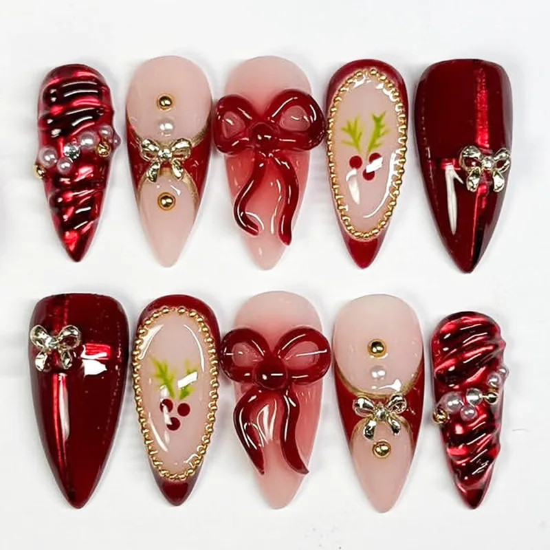 30pcs French Press on Nails:3D Flower Pearl Bow Almond Fake Nails