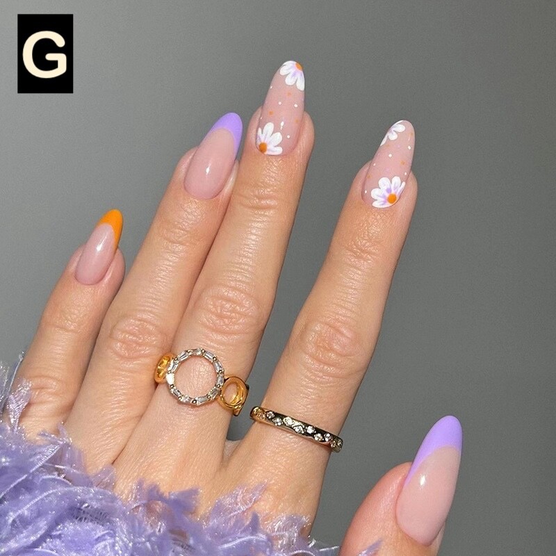 12 Boxes Flower Star French Tip Long Almond Press On Nails (Wholesale)