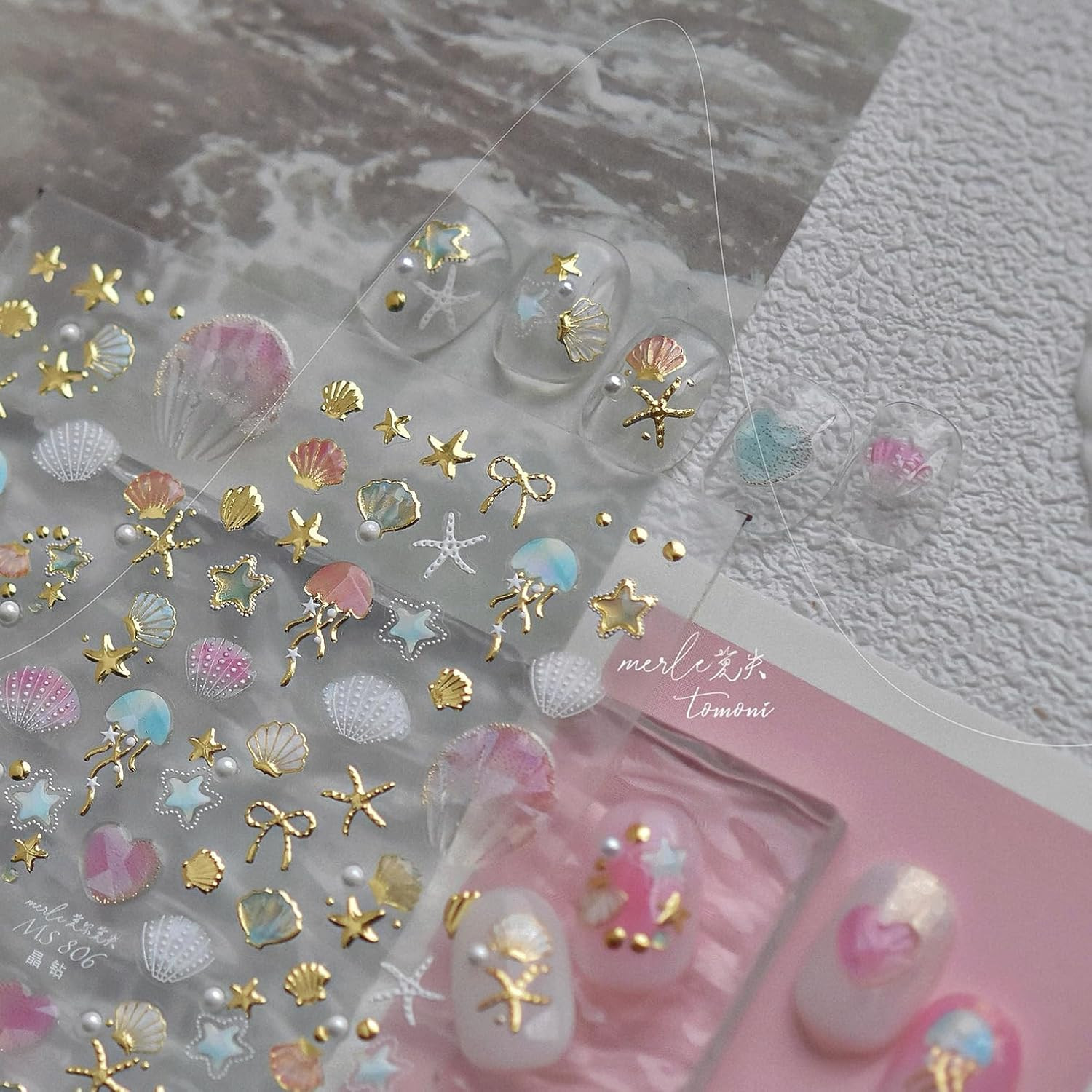 Laser Pearl Seashell Nail Stickers 5D Embossed Gold Ocean Nail Decals Self-Adhes