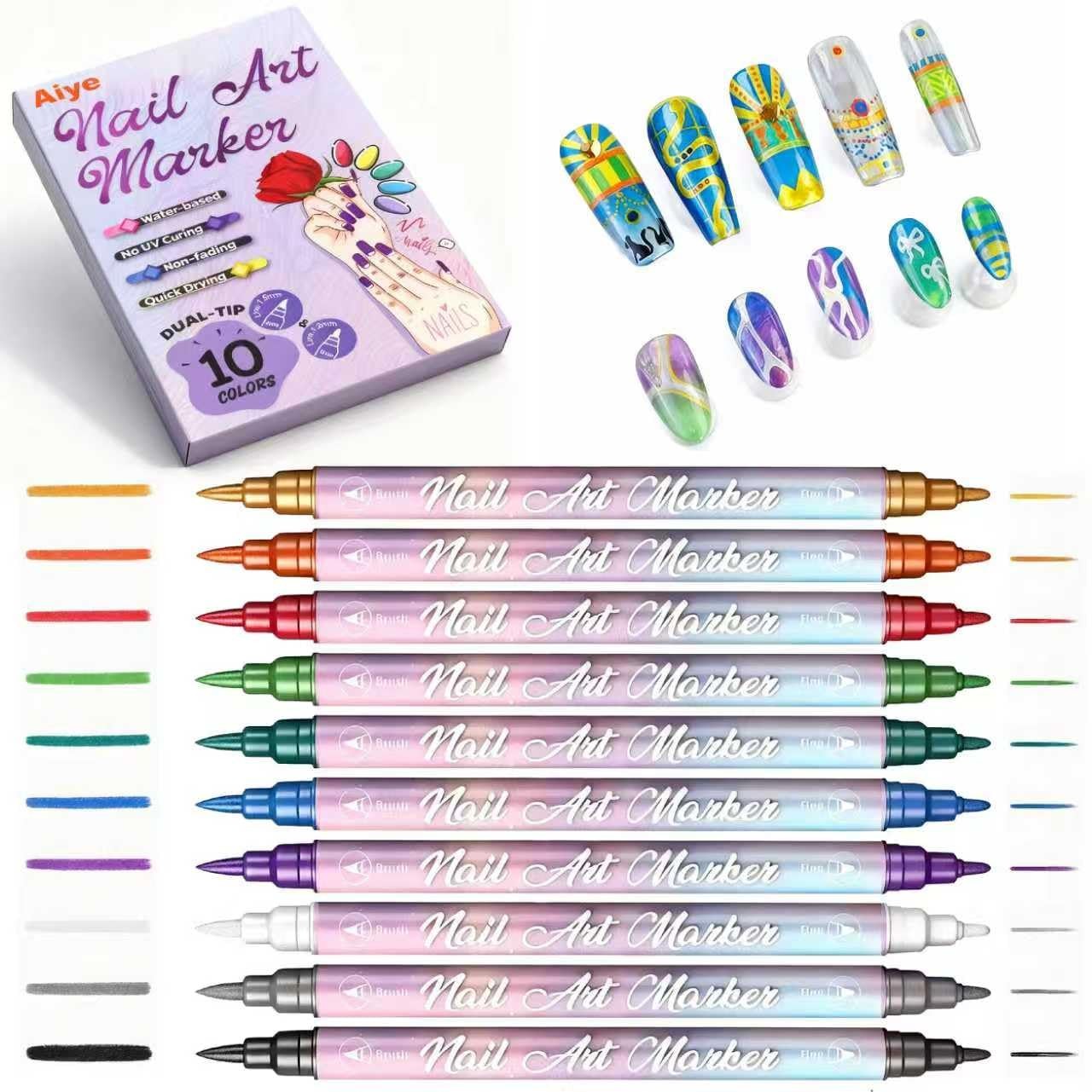 Metallic Nail Art Pens Set, 10 Colors Double Ended Nail Polish Pens for DIY N