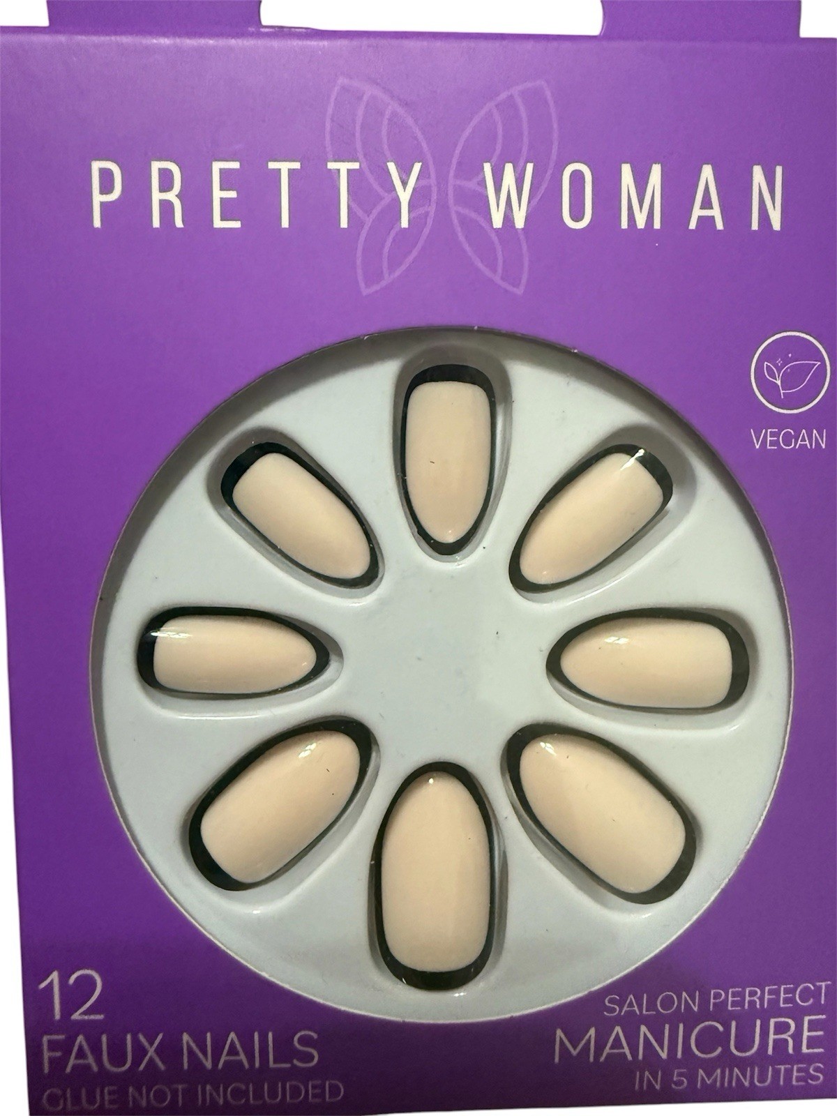 Pretty Woman Oval Nude Black Outline Press On Nails Vegan 12 Count New