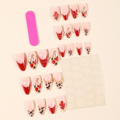 Almond Press on Nails Medium Red Leopard French Tip Fake Nails with 3D Floral-2